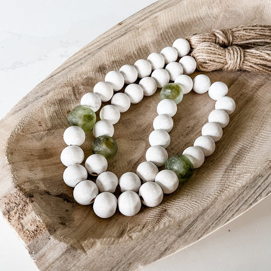 Whitewashed Wood Bead Garland with Jumbo Olive Green Recycled Glass