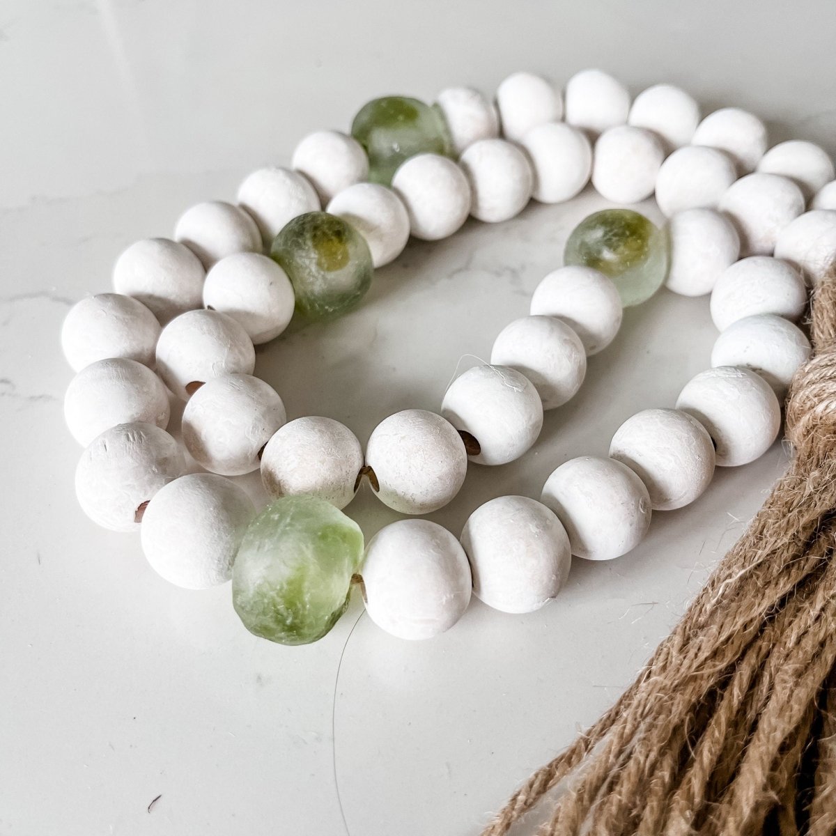 Whitewashed Wood Bead Garland with Jumbo Olive Green Recycled Glass