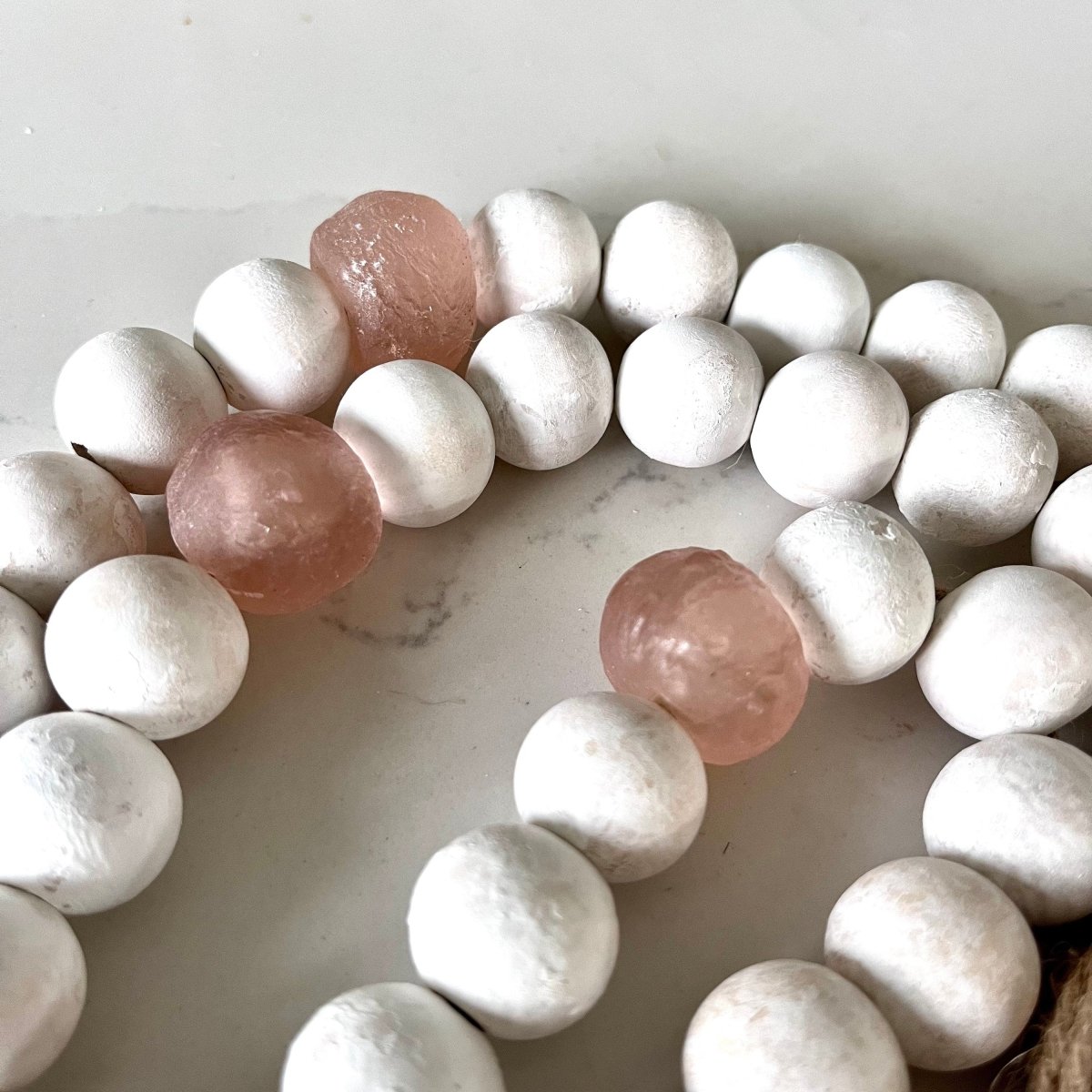 Whitewashed Wood Bead Garland with Jumbo Rose Recycled Glass Beads