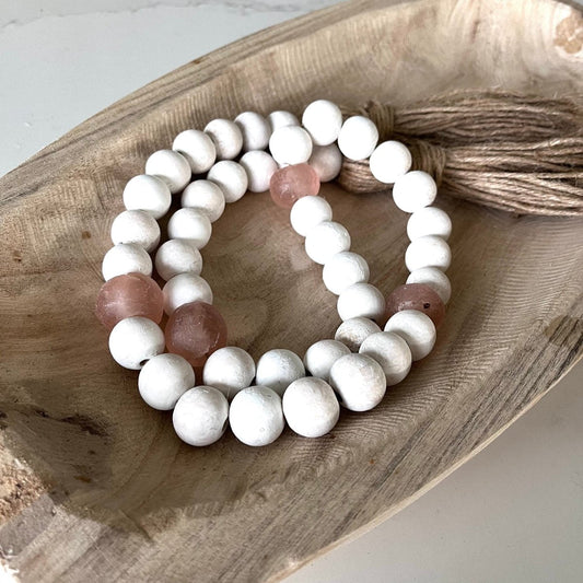 Whitewashed Wood Bead Garland with Jumbo Rose Recycled Glass Beads