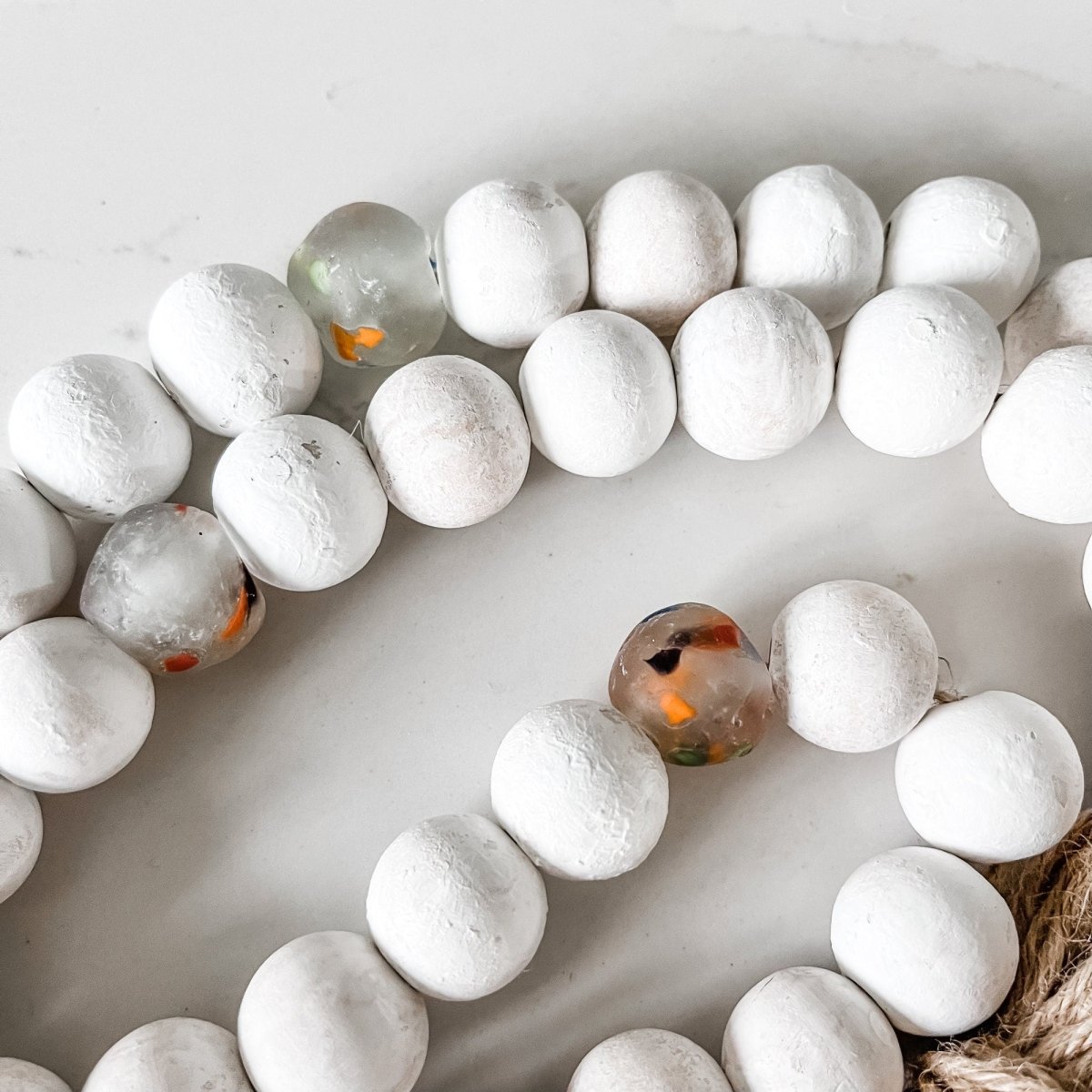 Whitewashed Wood Bead Garland with Multi-colored Recycled Glass Beads