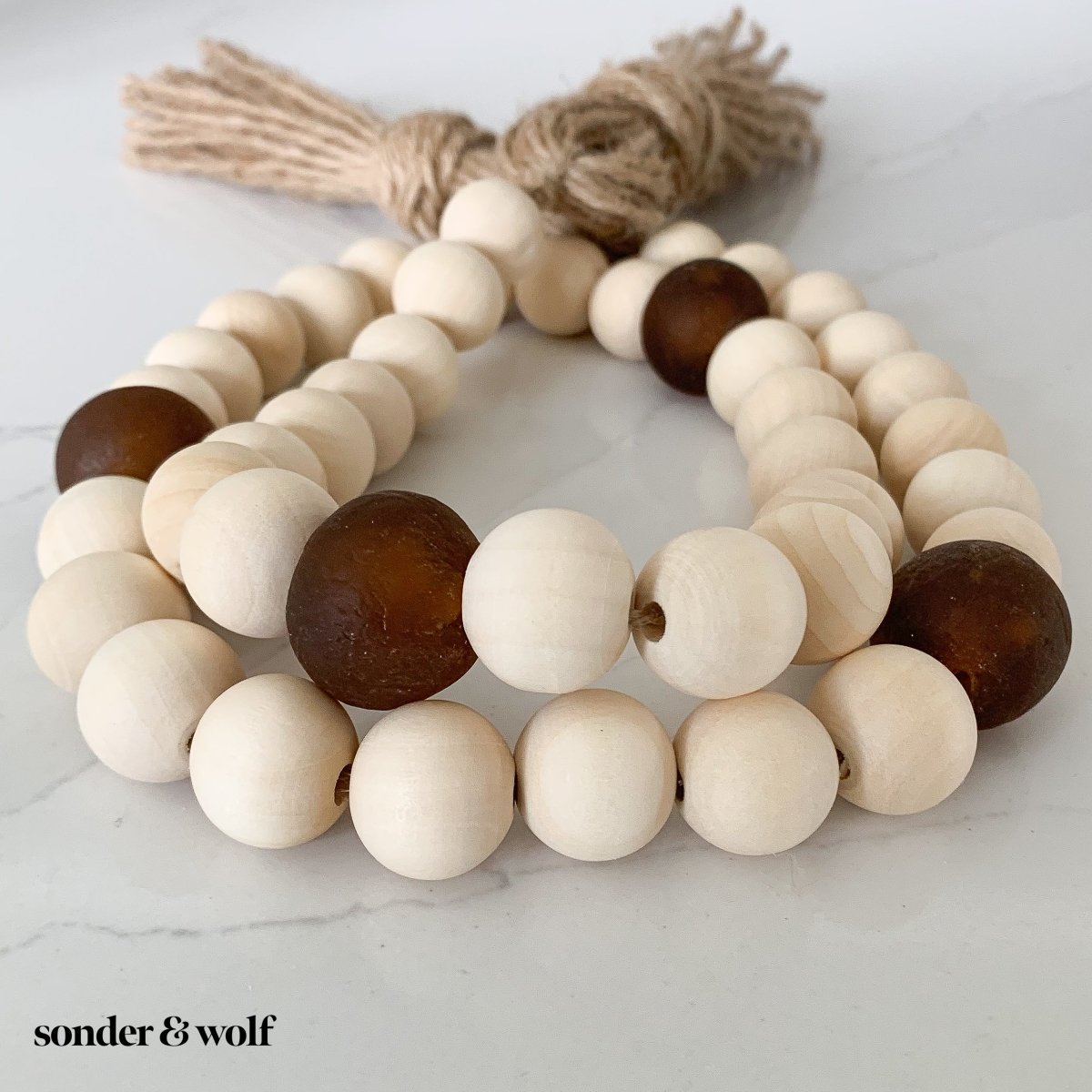 Wood Bead Garland with Amber Recycled Glass Beads