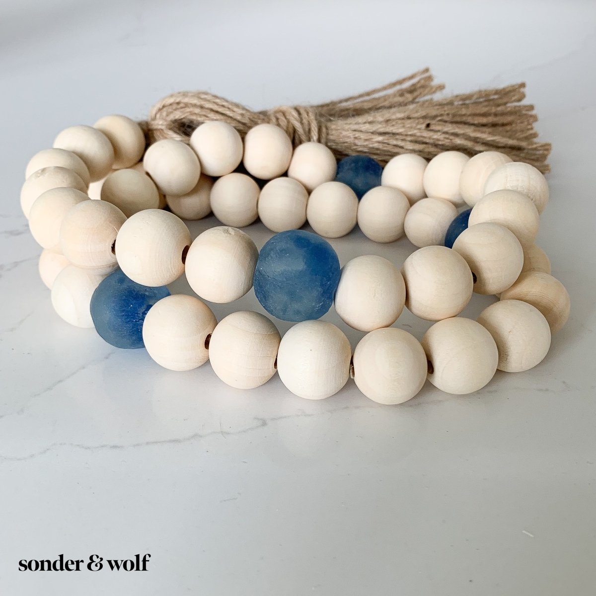 Wood Bead Garland with Cobalt Blue Recycled Glass Beads