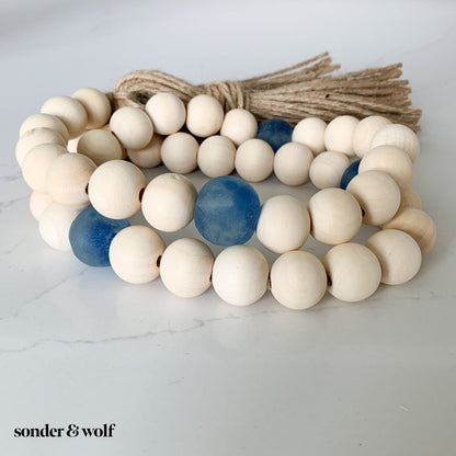 Wood Bead Garland with Cobalt Blue Recycled Glass Beads