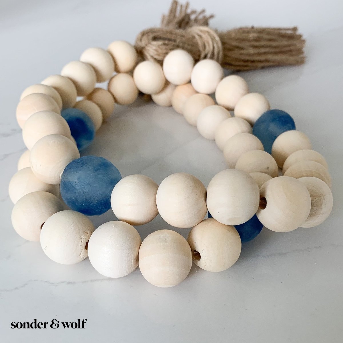 Wood Bead Garland with Cobalt Blue Recycled Glass Beads