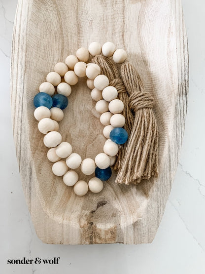 Wood Bead Garland with Cobalt Blue Recycled Glass Beads