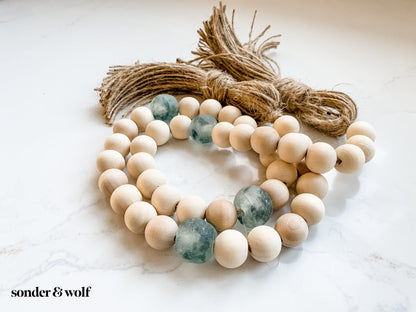 Wood Bead Garland with Grey Recycled Glass Beads