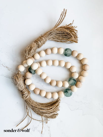 Wood Bead Garland with Grey Recycled Glass Beads