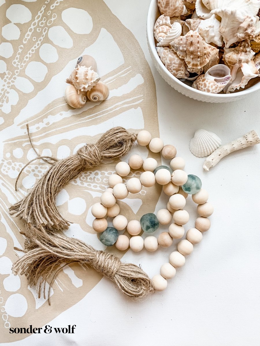 Wood Bead Garland with Grey Recycled Glass Beads