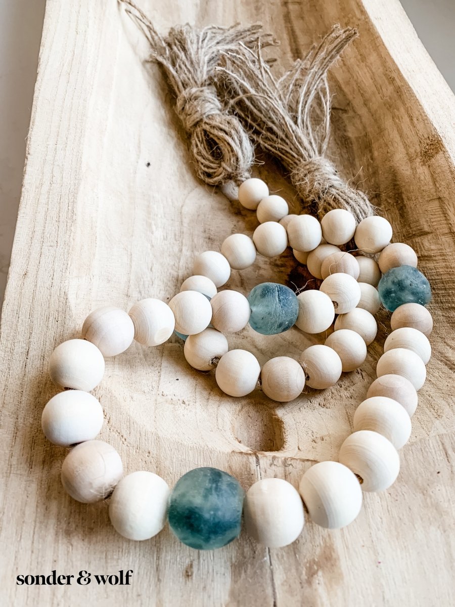 Wood Bead Garland with Grey Recycled Glass Beads