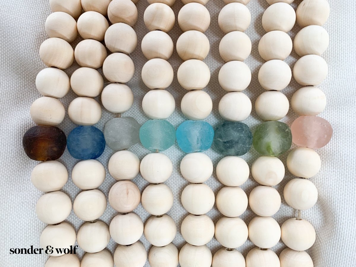 Wood Bead Garland with Ice Blue Recycled Glass Beads