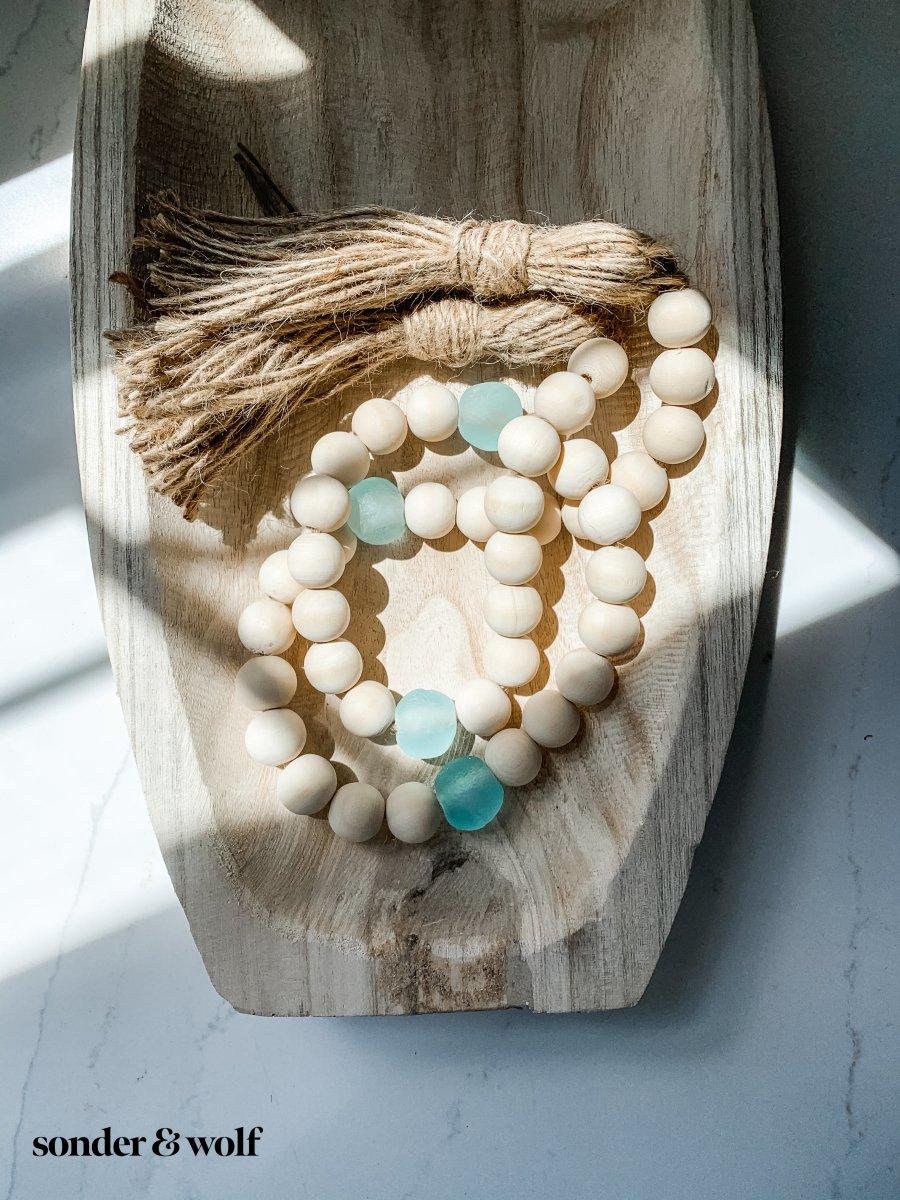 Wood Bead Garland with Ice Blue Recycled Glass Beads