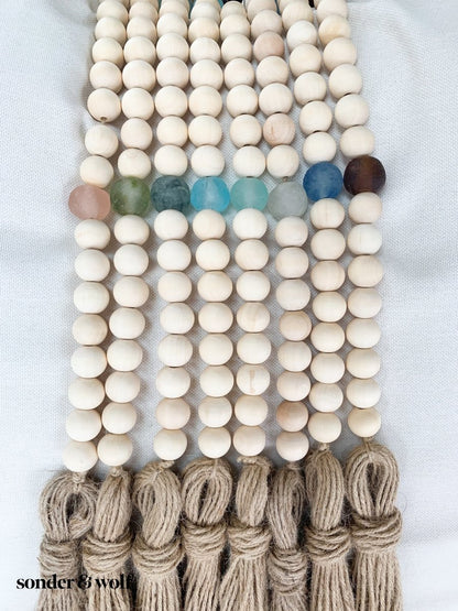 Wood Bead Garland with Ice Blue Recycled Glass Beads