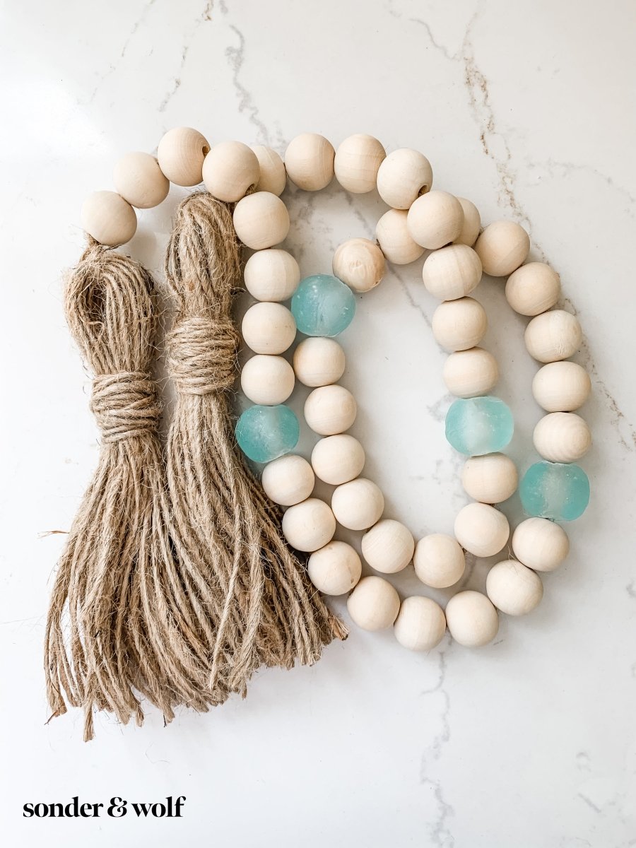 Wood Bead Garland with Ice Blue Recycled Glass Beads