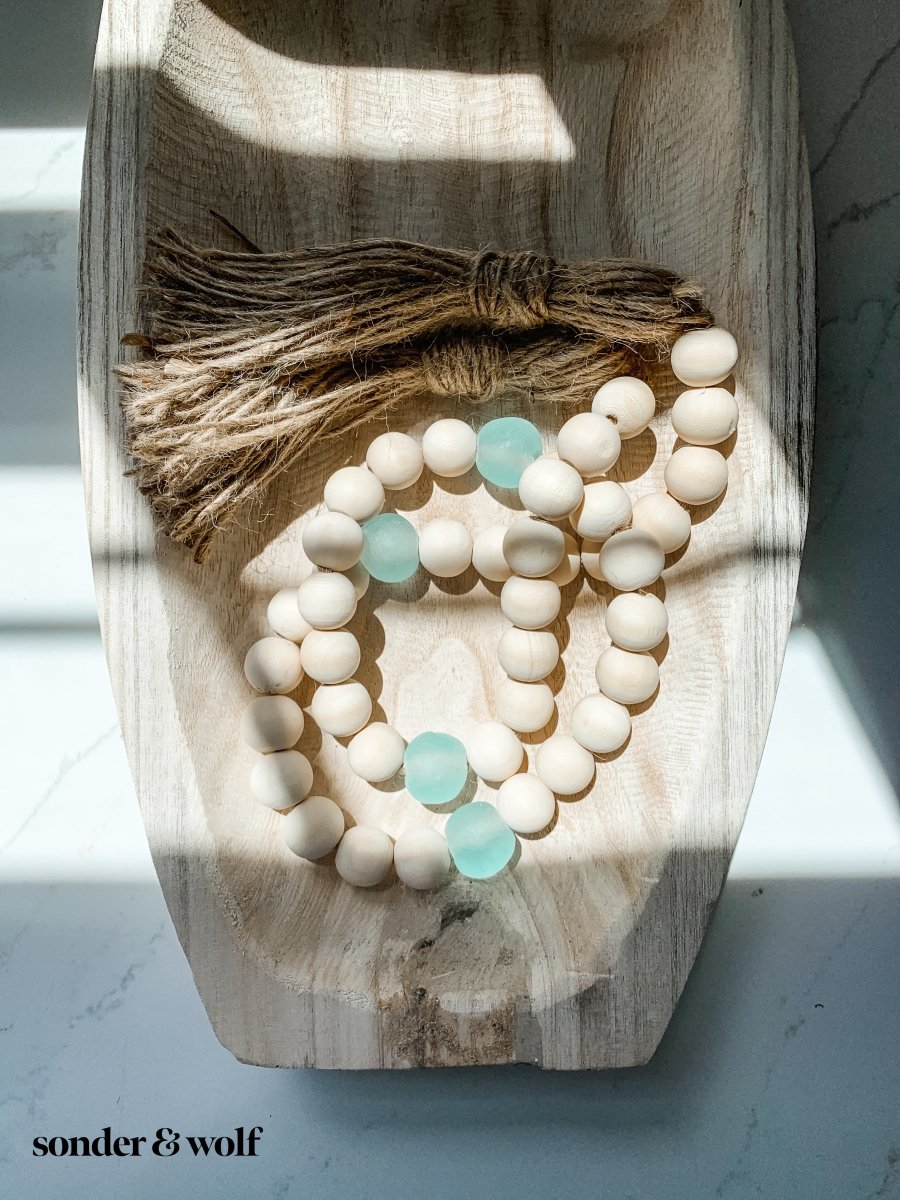 Wood Bead Garland with Ice Blue Recycled Glass Beads