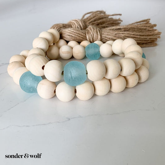 Wood Bead Garland with Ice Blue Recycled Glass Beads