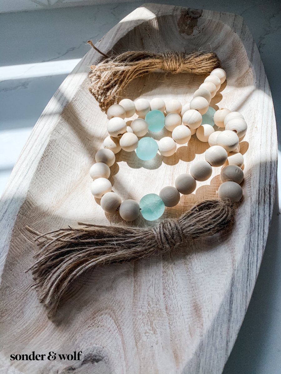 Wood Bead Garland with Ice Blue Recycled Glass Beads