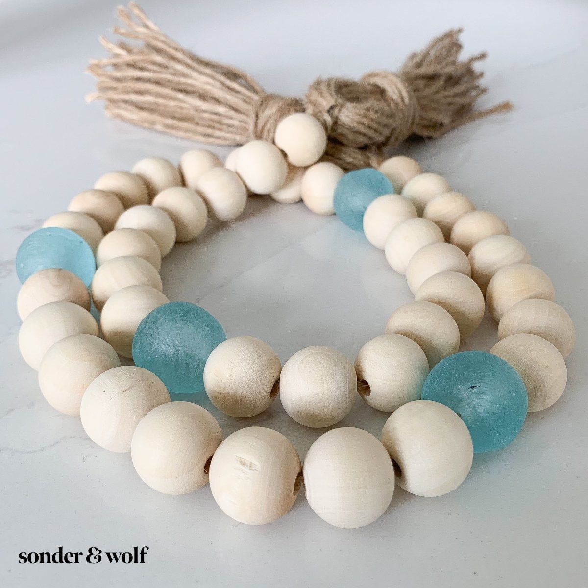 Wood Bead Garland with Ice Blue Recycled Glass Beads