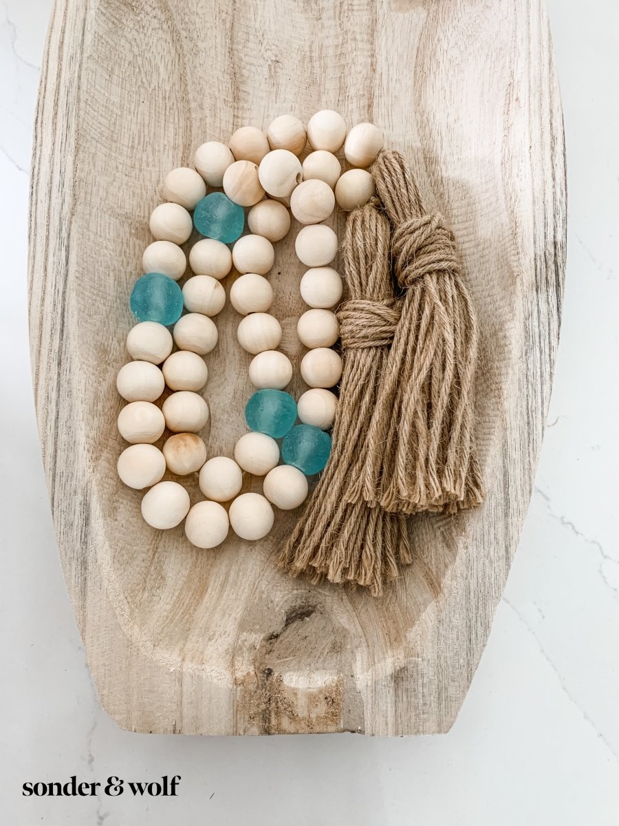 Wood Bead Garland with Ice Blue Recycled Glass Beads