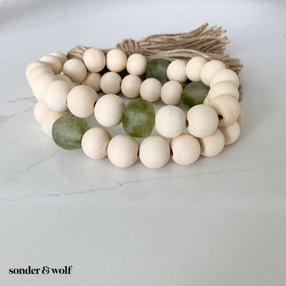 Wood Bead Garland with Olive Green Recycled Glass Beads