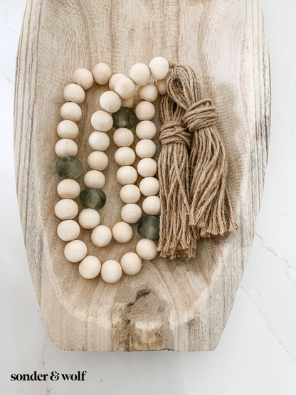 Wood Bead Garland with Olive Green Recycled Glass Beads