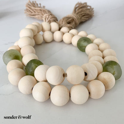 Wood Bead Garland with Olive Green Recycled Glass Beads