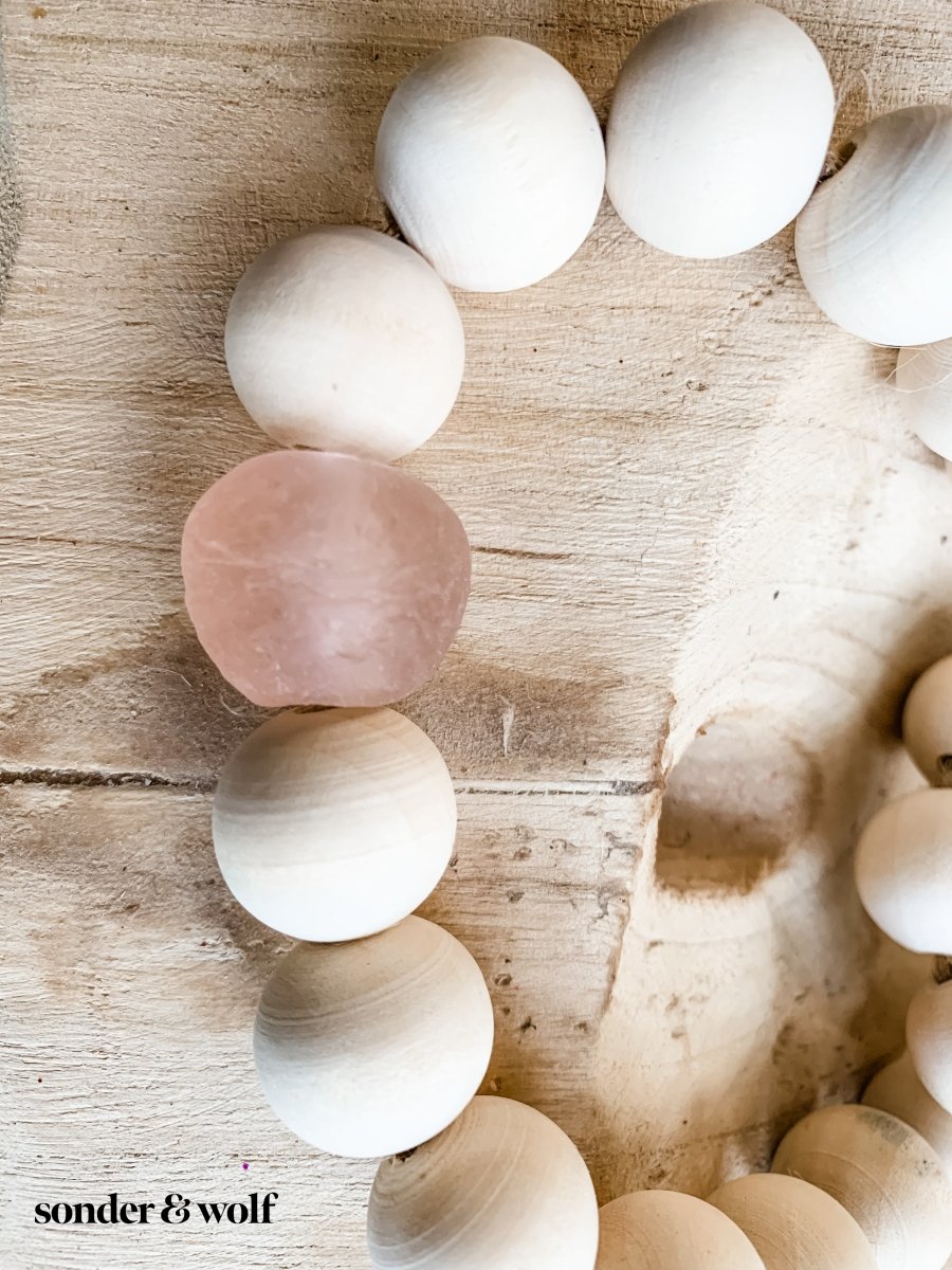 Wood Bead Garland with Rose Recycled Glass Beads