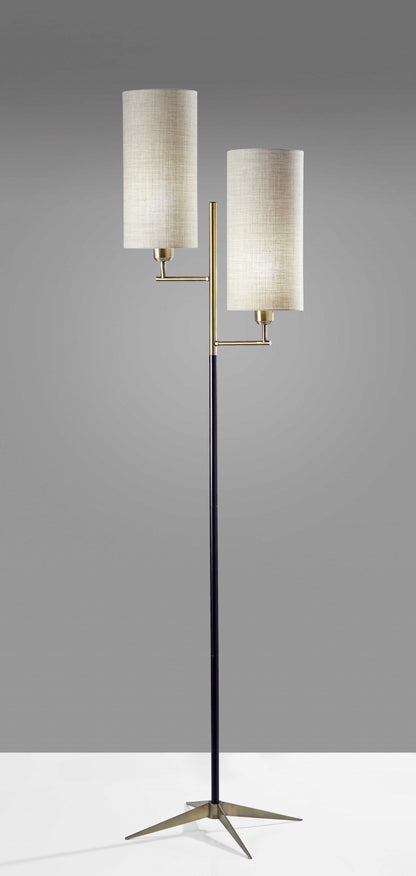 70" Brass Two Light Novelty Floor Lamp With White Drum Shade