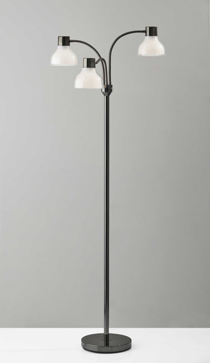 69" Black Three Light Tree Floor Lamp With White Bowl Shade