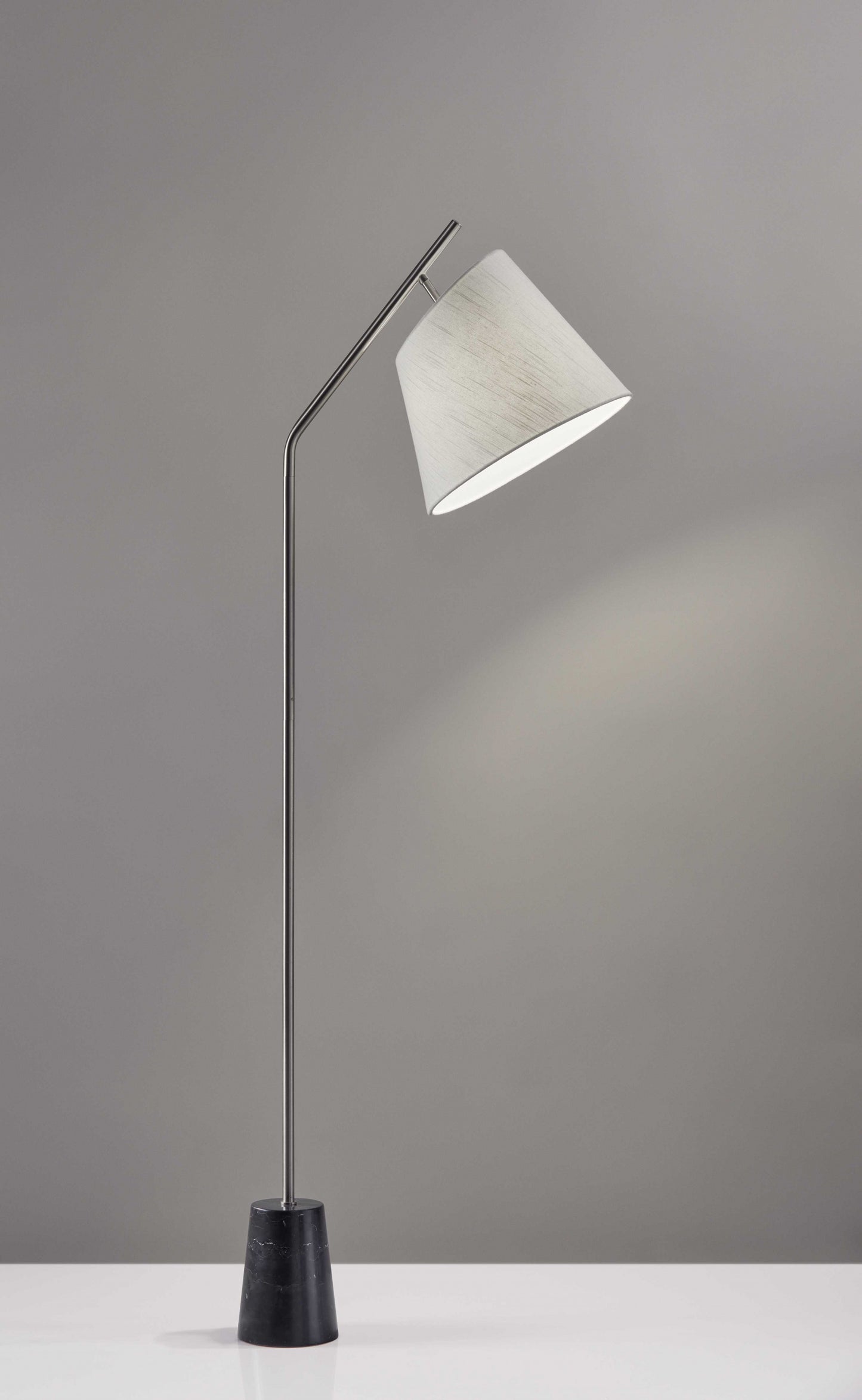 Brushed Steel Floor Lamp Black Marble Block Base And Angled White Linen Shade