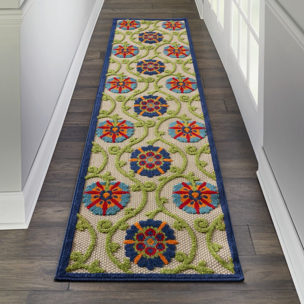 2' X 6' Blue Vines Indoor Outdoor Runner Rug