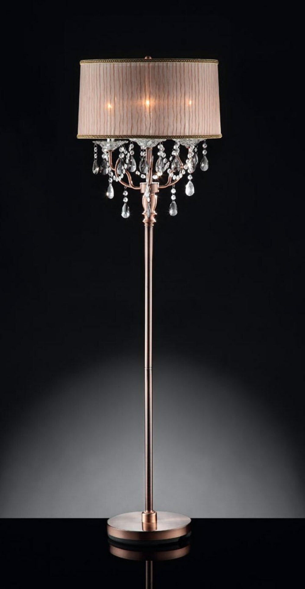 62" Steel Three Light Candelabra Floor Lamp With Silvery Pink Drum Shade