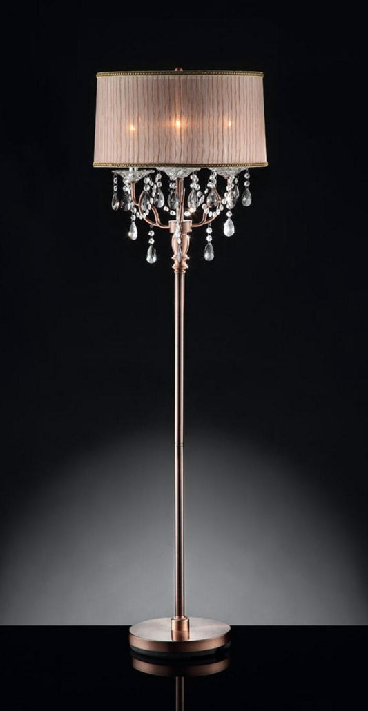 62" Steel Three Light Candelabra Floor Lamp With Silvery Pink Drum Shade