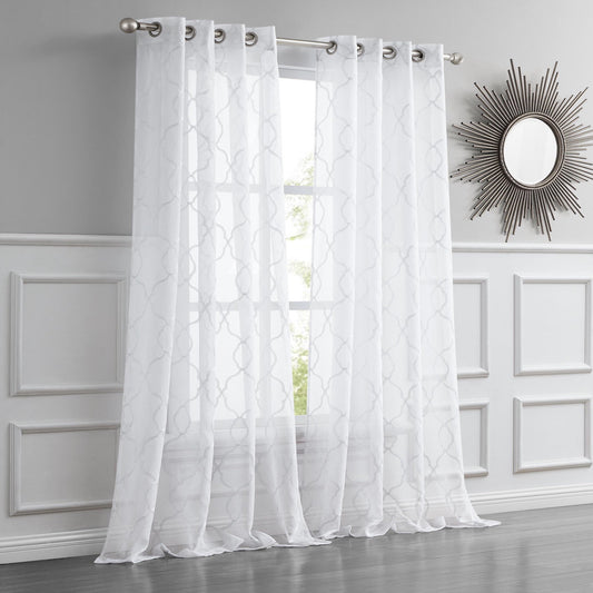 84" White Trellis Pattern Embroidered Window Curtain Panel