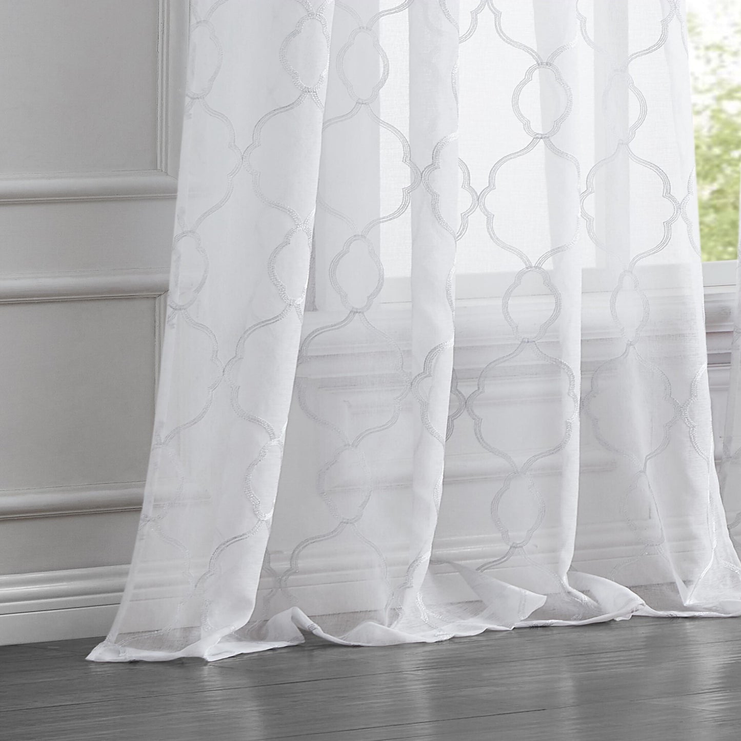 84" White Trellis Pattern Embroidered Window Curtain Panel