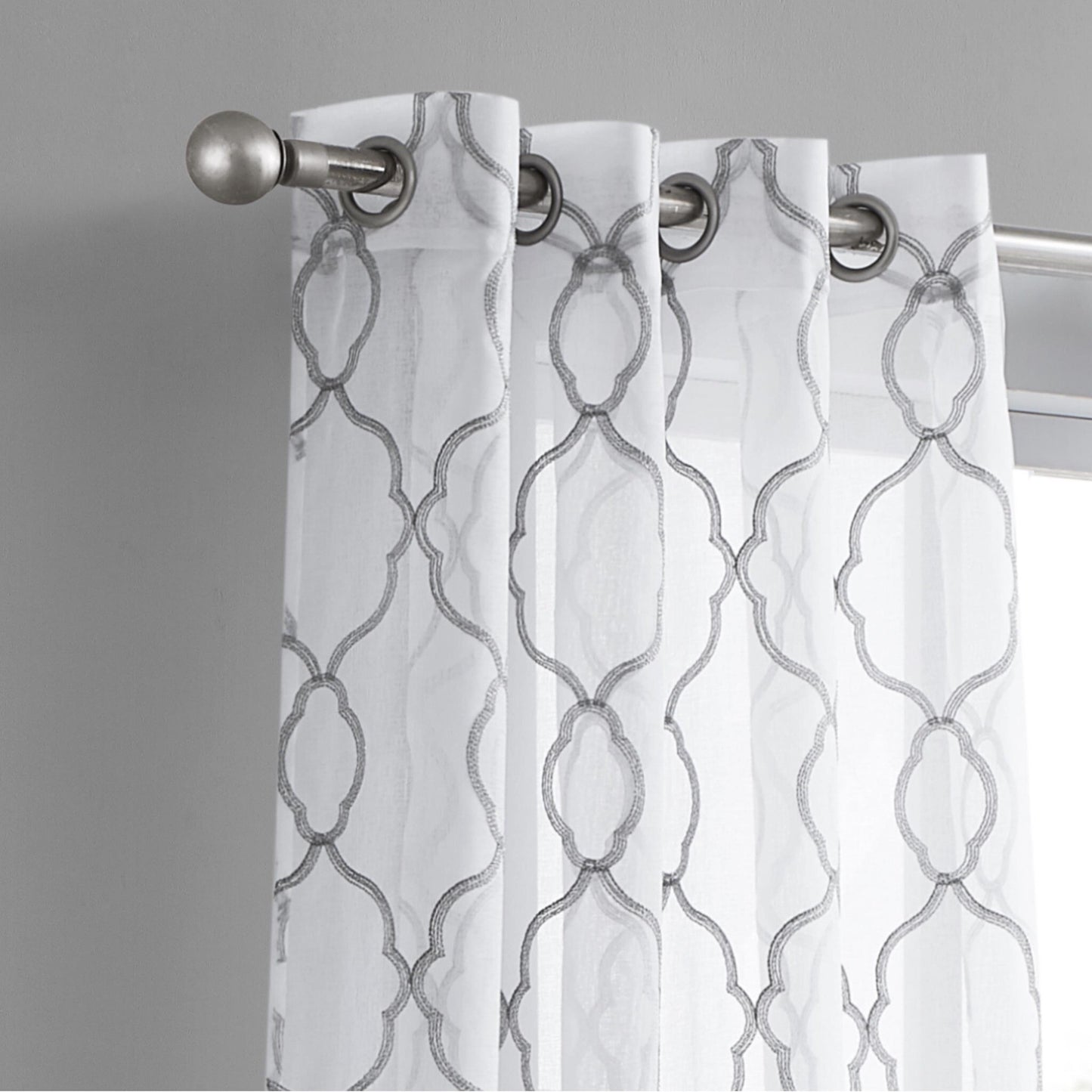 84" Silver Trellis Pattern Embroidered Window Curtain Panel