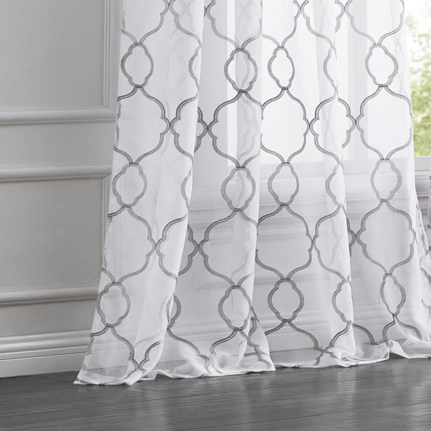 84" Silver Trellis Pattern Embroidered Window Curtain Panel