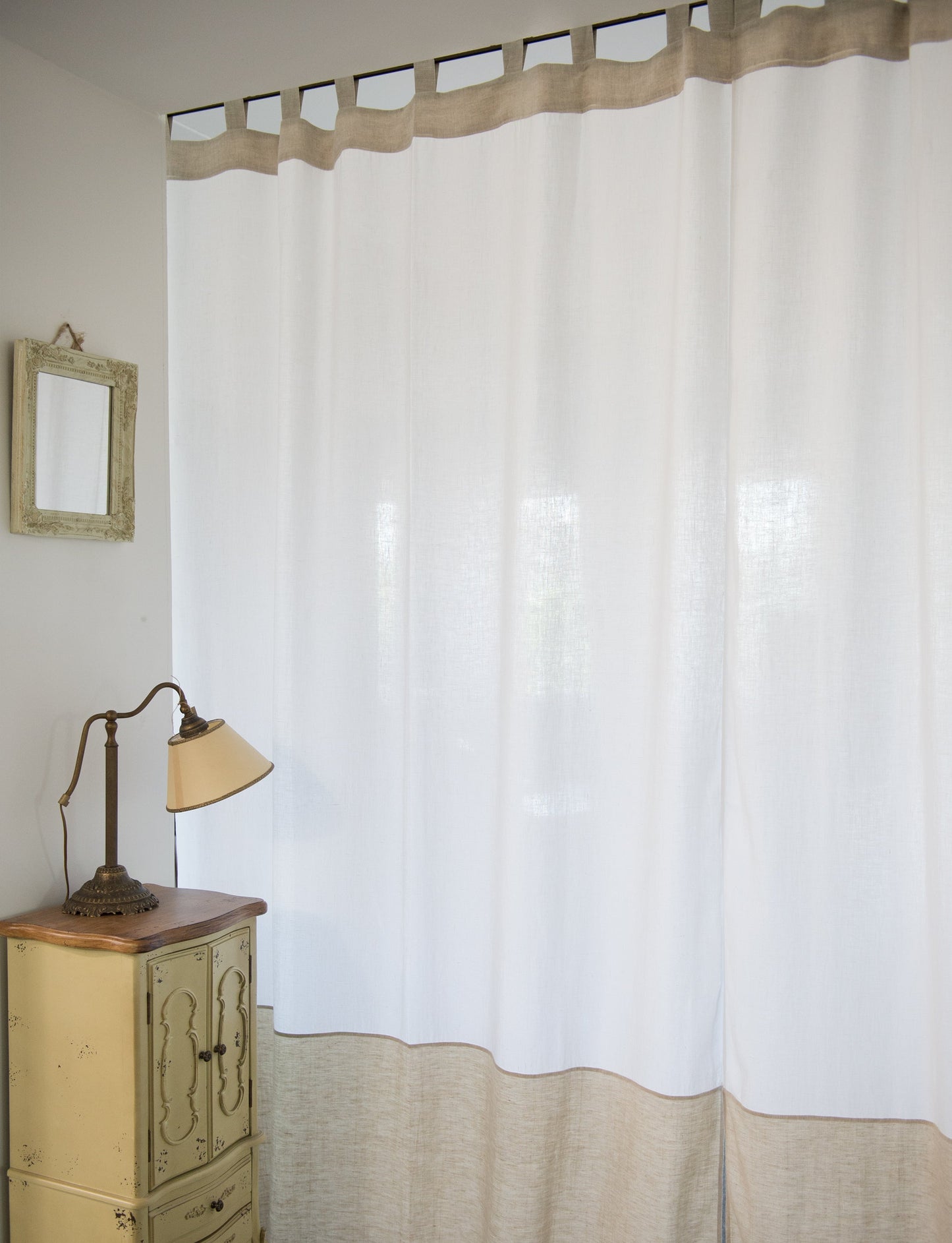 Two-Colored Tab Top Linen Curtain & Drape in White and Natural Light