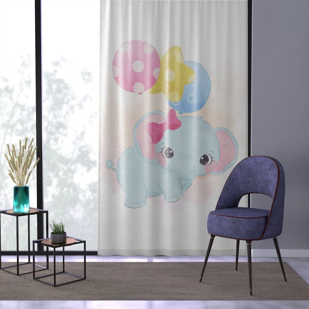 Window Curtain - Indoor / Cute Baby Elephant with Balloons Print