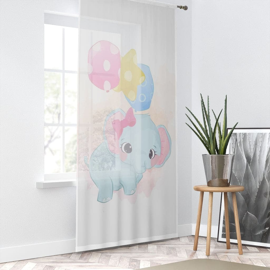 Window Curtain - Indoor / Cute Baby Elephant with Balloons Print