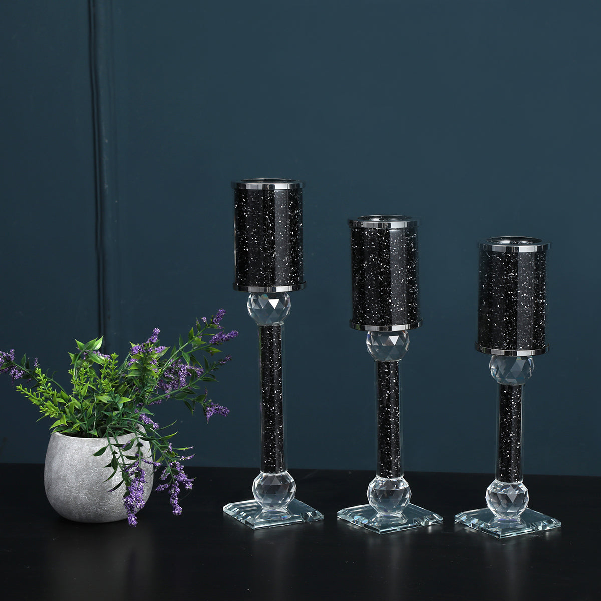 Ambrose 3 Candles Holder Set, Black Crushed Diamonds Glass