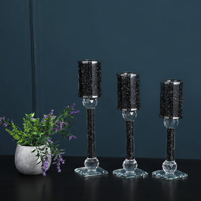 Ambrose 3 Candles Holder Set, Black Crushed Diamonds Glass