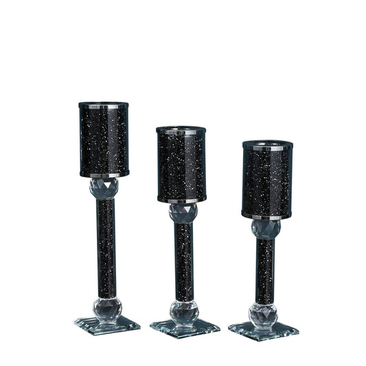 Ambrose 3 Candles Holder Set, Black Crushed Diamonds Glass