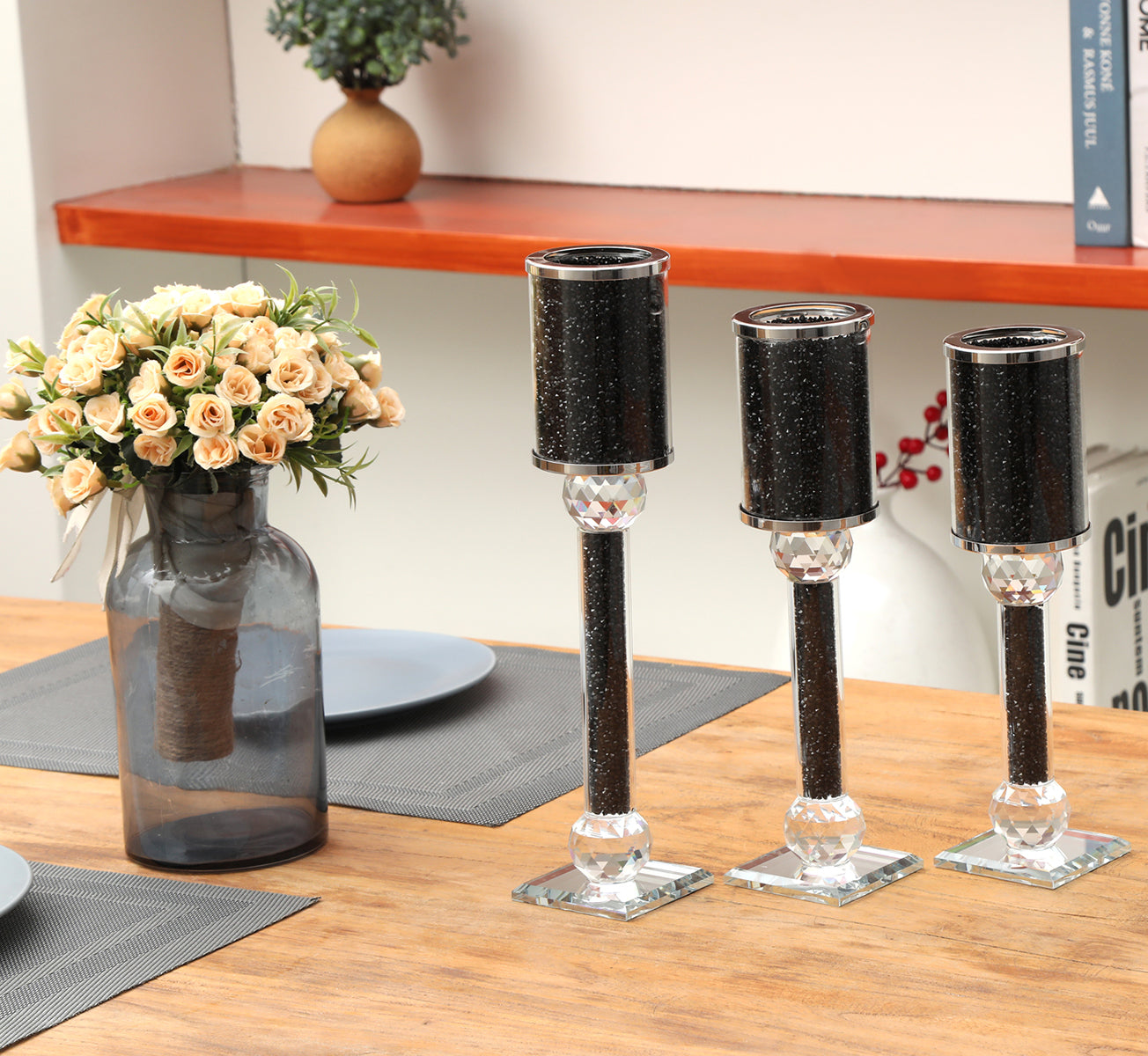 Ambrose 3 Candles Holder Set, Black Crushed Diamonds Glass