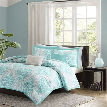 Full / Queen Teal Turquoise Aqua Blue and White Damask Comforter Set