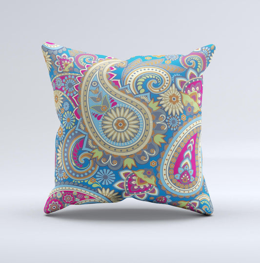 Subtle Blue & Yellow Paisley Pattern Ink-Fuzed Decorative Throw Pillow