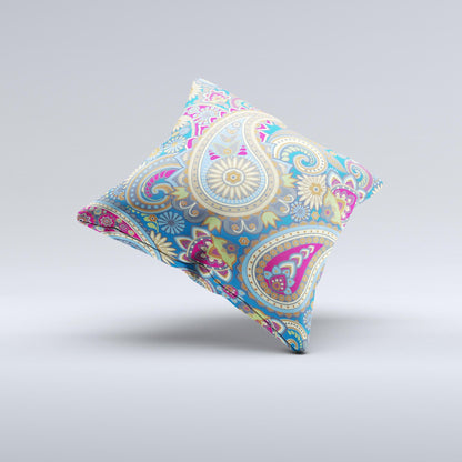 Subtle Blue & Yellow Paisley Pattern Ink-Fuzed Decorative Throw Pillow