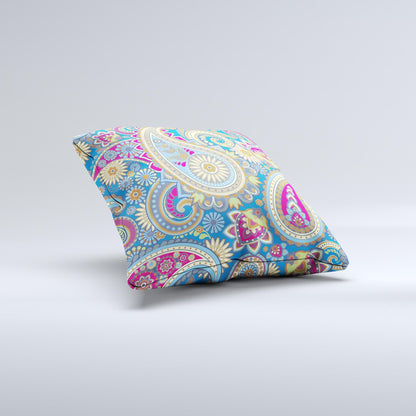 Subtle Blue & Yellow Paisley Pattern Ink-Fuzed Decorative Throw Pillow