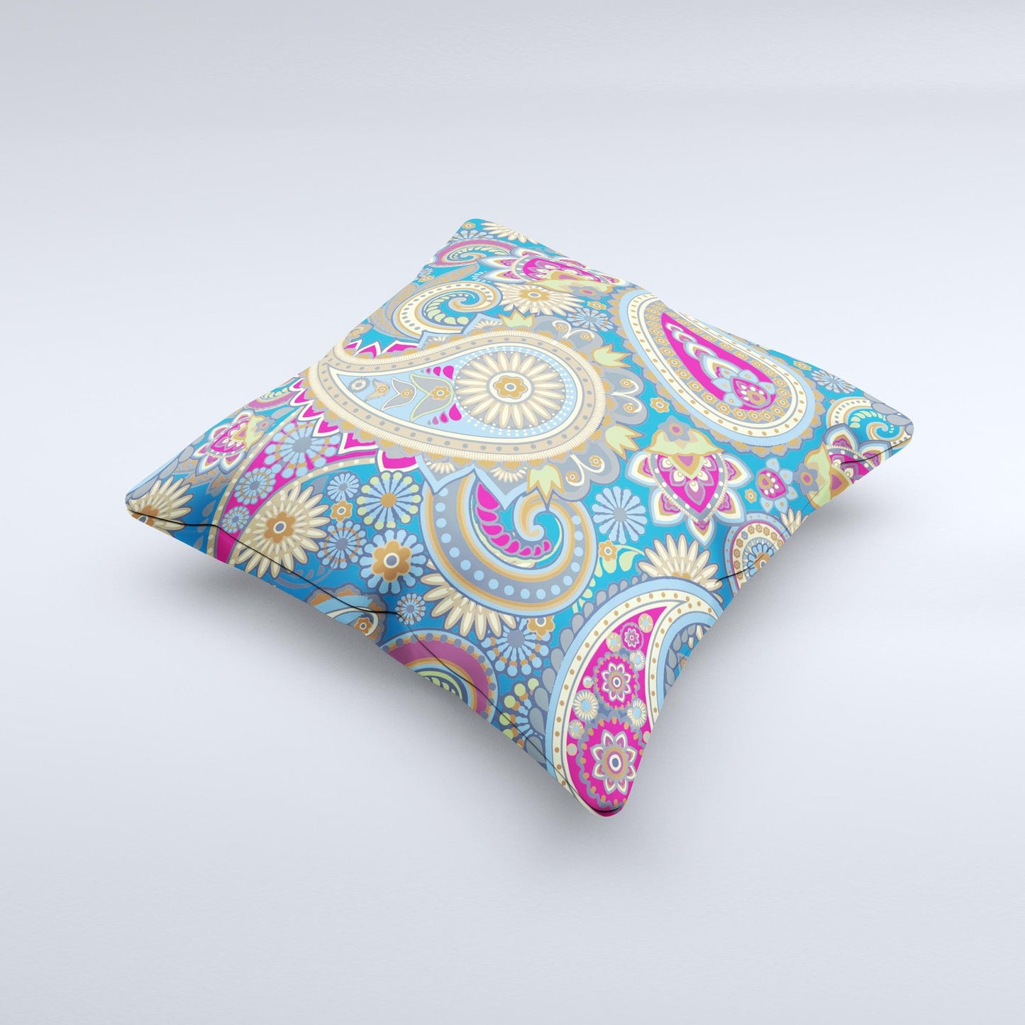 Subtle Blue & Yellow Paisley Pattern Ink-Fuzed Decorative Throw Pillow