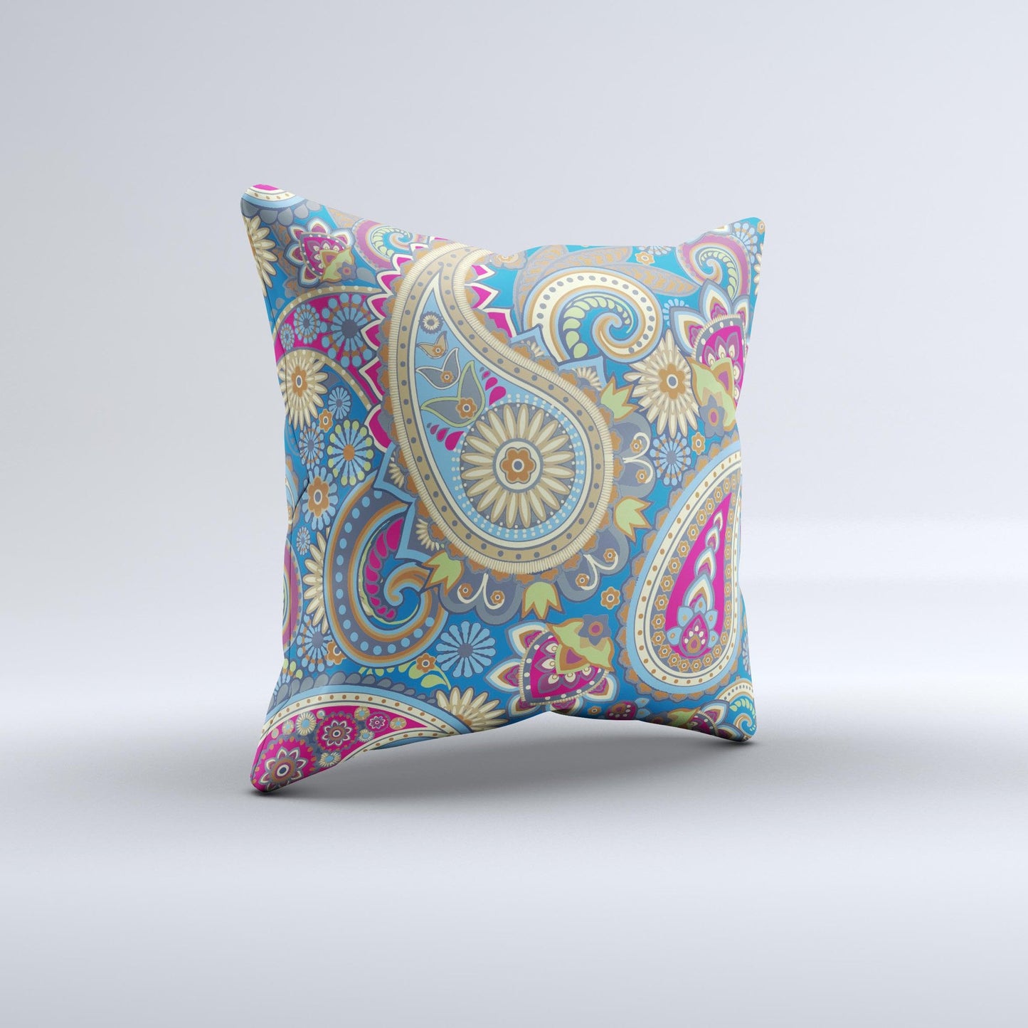 Subtle Blue & Yellow Paisley Pattern Ink-Fuzed Decorative Throw Pillow